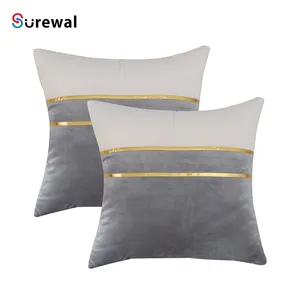 SUREWAL Velvet Splicing Throw Pillow Covers Soft Decorative Pillow Covers with Gold Leather Farmhouse Cushion Covers for Sofa