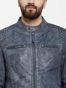 Mens Distressed Grey Leather Jacket <b>Stand</b> Collar Moto Biker Cafe Racer <b>Vintage</b> Style Zip <b>Coat</b> Quilted Shoulder Rider Outerwear - Product Image 4