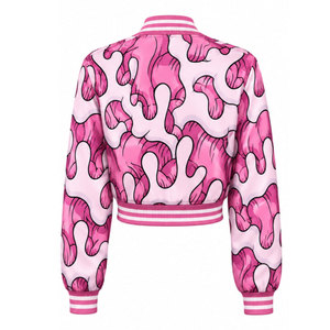 Veste universitaire rose à imprimé abstrait, manches longues, col rabattu, fermeture boutonnée, vêtements de printemps pour femmes - Product Image 3