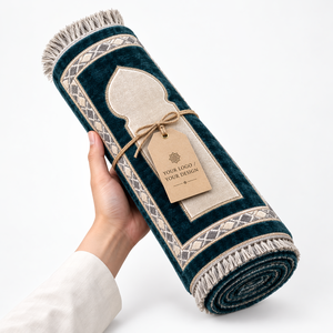 Tapis de prière en velours en gros OEM ODM - Ensemble cadeau de tapis islamique musulman haut de gamme avec pompon, fait main et écologique - Product Image 2