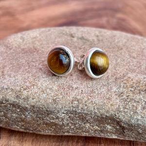 Handmade Sterling <b>Silver</b> <b>Stud</b> Earrings with Natural Tiger's Eye Gemstones Round Cabochon Design - Product Image 4