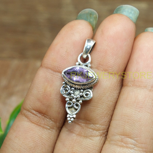 Natural Purple Amethyst Faceted Marquise Shape 925 Sterling Silver Handmade Vintage Tribal <b>Boho</b> Pendant <b>Necklace</b> Jewelry For Her - Product Image 6