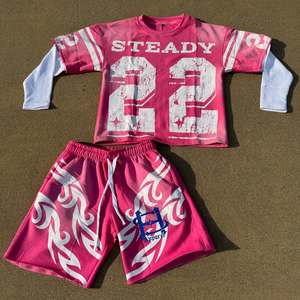 Ensemble survêtement en jersey personnalisé T-shirt à manches doubles avec sérigraphie de détresse Ensemble t-shirt short à manches longues Boxy délavé à l'acide - Product Image 6