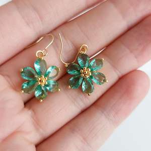 Natural Sterling Silver Emerald Floral Design Earrings Aqua Green Vintage Style Hook Earrings Gift for <b>Mum</b> - Product Image 2