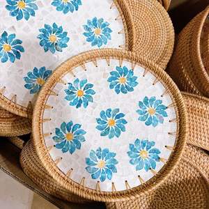 Hôtel et maison cuisine plateau de service forme arrondie rotin avec incrustation de nacre restauration rapide plateau de service bois os matériel - Product Image 1