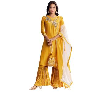 Abito da donna tradizionale indiano matrimonio e festa giallo Gotta Kurta Sharara abito in seta russa - Product Image 2