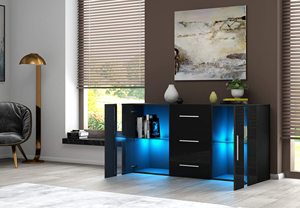 Buffet moderne noir brillant avec éclairage LED, 3 tiroirs, meuble de rangement pour salon, credenza - Product Image 4