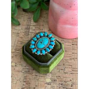 Southwest Handmade Kingman Turquoise <b>Sterling</b> <b>Silver</b> <b>Adjustable</b> Bezel Set Cluster <b>Ring</b> - Product Image 4