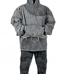 100% coton 400 GSM poids lourd en détresse noir acide lavé à capuche blanc hommes pull Vintage hiver sweats à capuche - Product Image 5