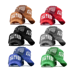 Trendy Outdoor 5 Panel 3D Trucker Hat Gorra de malla de gamuza Logotipo bordado personalizado Unisex Sombrero al por mayor - Product Image 1