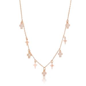 <b>Cross</b> and North Star Design Clear Zircon Stone Charm Necklace Turkish Handmade Wholesale 925 Sterling Silver Jewelry - Product Image 1