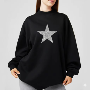 Sweat-shirt à col montant imprimé surdimensionné pour femmes, automne-hiver, en molleton de coton épais, streetwear chaud, décoration avec badge et paillettes - Product Image 1