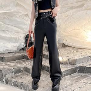 กางเกงเอวสูงขากว้างสำหรับผู้หญิงฤดูใบไม้ร่วงกางเกงหนังแกะแท้กางเกงขายาว4XL ลำลอง - Product Image 4