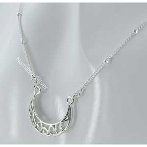 Handmade Dainty <b>Silver</b> Moon Pendant <b>Necklace</b> Filigree Design Minimalist Jewelry Featuring Pearl Valentine's Love Gift Made - Product Image 3