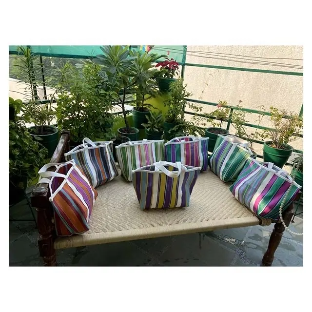Sustainable eco friendly products recycled striped nylon shopper cotton webbing straps women's tote bags shopping bags