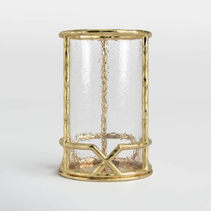 เชิงเทียนทรงเฮอร์ริเคนสีทองเมทัลลิก แก้วลายขรุขระ ตกแต่งโต๊ะสไตล์หรูหรา สีทองเหลืองขัดเงา ทนความร้อน เหมาะสำหรับเทศกาลคริสต์มาส - Product Image 1
