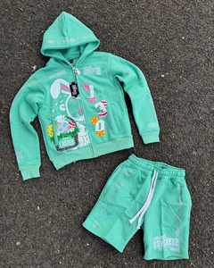 Usine personnalisée 420 Gsm en détresse Streetwear ensemble de sweat à capuche zippé Vintage lavé à l'acide hommes broderie Logo ensemble de short à capuche - Product Image 6