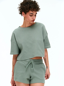 Women's <b>Waffle</b> Knit Crop Top Oversized Cropped T <b>Shirt</b> Streetwear Y2K Drop Shoulder Fashion Tee Custom Logo OEM Wholesale - Product Image 2