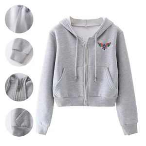 เสื้อฮู้ดครอปสีดำสำหรับผู้หญิง เสื้อสเวตเชิ้ตมีฮู้ดแบบสวมใส่สบายพร้อมซิปด้านหน้า ผ้าคอตตอนผสมเนื้อนุ่ม สไตล์สตรีทแวร์ - Product Image 5