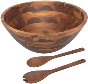 Eco-Friendly 12.5 Inch Polished <b>Wood</b> Modern Bowl <b>Set</b> Big Serving Bowl with Spoon and Fork for Family Dining for Home Kitchen Use - Product Image 3