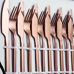 Rose <b>Gold</b> <b>Cutlery</b> <b>Set</b> with Square Handles Stainless Steel Knife Fork Spoon Flatware Plastic and Metal Material - Product Image 2