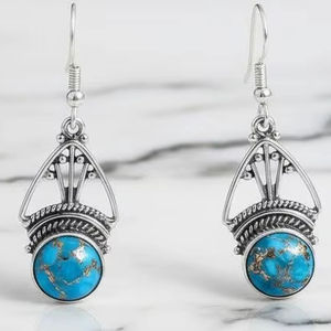 Pendientes Colgantes de Turquesa y Cobre, Plata de Ley, Estilo Tribal Geométrico, Joyería Artesanal Boho - Product Image 1