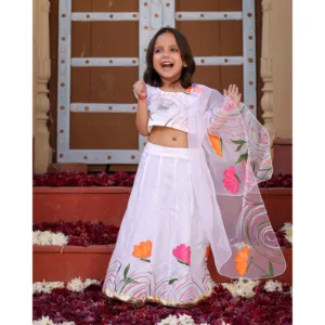 Ensemble Lehenga pour femmes en organza blanc floral - Product Image 3