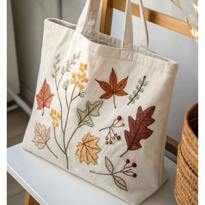 Bolsa de Mano de Lona de Algodón Bordada con Hojas Otoñales en Beige Natural con Diseño Floral Multicolor para Uso Diario - Product Image 1