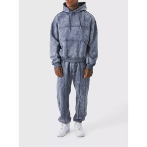 Chándales de lavado ácido de 100% algodón personalizados 500GSM, traje de jogging de pierna recta, chándal desgastado, sudaderas con capucha y pantalones de chándal, conjuntos para hombres - Product Image 1