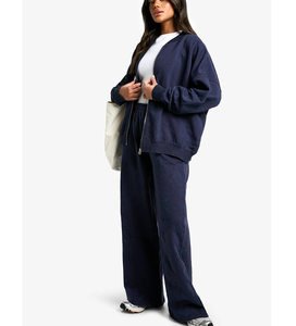 ชุดวอร์มออกกำลังกายผู้หญิง แขนเสื้อแบบดรอปโชว์เดอร์ ผ้าฝ้าย 100% สำหรับฤดูใบไม้ร่วง ชุด 2 ชิ้น เสื้อแจ็คเก็ตซิปและกางเกงขายาว สีน้ำเงิน เป็นมิตรต่อสิ่งแวดล้อม ผลิตจากผ้าฝ้ายยั่งยืน - Product Image 1