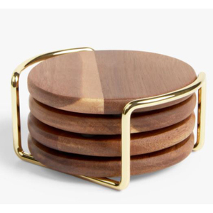 Juego de 4 posavasos de forma redonda de madera respetuoso con el medio ambiente 2025 más vendidos con soporte de latón chapado en oro - Product Image 1
