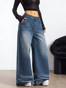 Pantalones Vaqueros de Mezclilla de Diseño Único y Moderno, Pantalones Anchos y Holgados de Pierna Recta para Mujer - Product Image 4