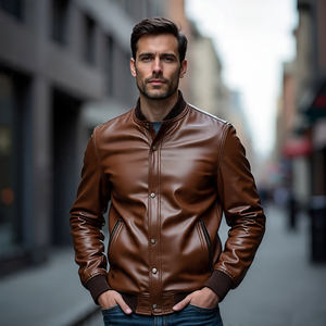 Veste de moto en cuir véritable pour homme, nouvelle collection hiver 2024, respirante, coupe-vent, col rabattu, manches longues, fermeture éclair sur le devant, logo - Product Image 3