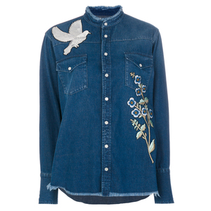 Blusa vaquera azul de manga larga bordada a mano para mujer, Camisa vaquera con botones, Top para verano - Product Image 4