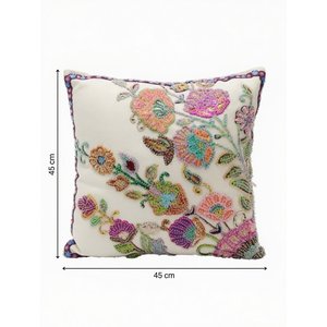 Colorful Floral Embroidered Cushion with Beaded Details | Elegant Square Throw Pillow for <b>Sofa</b> Living Room and Bedroom Decor - Product Image 2