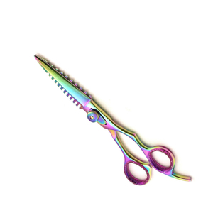 Tijeras de peluquero con acabado de plasma multicolor con hoja estilo hueso de pescado y mango de diseño ergonómico elegante profesional - Product Image 5