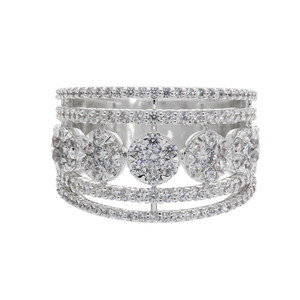 Elegant Luxury Floral Motif 14K White Gold <b>Statement</b> <b>Ring</b> Natural Diamond Cluster with Multi-Row Pave Bands - Product Image 1