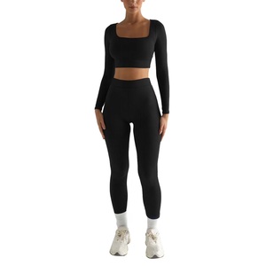 Ropa deportiva de Yoga frontal sólida de cintura alta ecológica para mujer, conjunto de 2 piezas para gimnasio, entrenamiento físico - Product Image 2