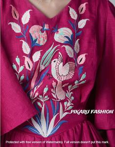 Vestido bordado personalizado 100% para mujer, patrones estampados tejidos de manga ancha Floral, ropa de ocasión de moda lavable Natural - Product Image 3