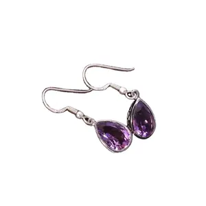 Natural Purple Amethyst Faceted Pear Shape Gemstone 92.5 Silver 1.4"Long Earring 4.2 Gram Dangle Women Jewelry