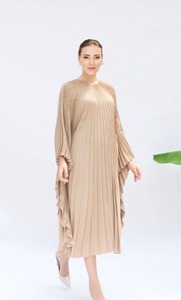 Vintage Pleat Kaftan Flowy Floor-Length Satin <b>Dress</b> Comfort Wear Women Cappuccino Beige Wedding Party Poolside Summer Quick Dry - Product Image 2