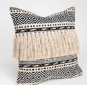 PACK of TWO 18 X 18 Boho Pillow <b>Covers</b> with Fringes and Tassels - Beige and Black <b>Throw</b> Cushion <b>Covers</b> - Product Image 1