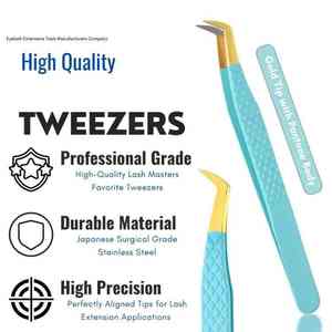 Wholesale Stainless Steel Eyelash <b>Tweezers</b> Tools Fiber Tip Grafted Lash <b>Tweezers</b> for Eyelash Extension Gold with Turquoise Color - Product Image 4