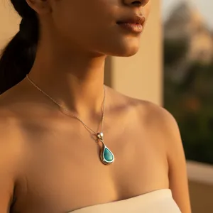 Pendentif en argent 925 en forme de larme avec turquoise, bijoux en pierres précieuses fines pour femmes, bagues élégantes - Product Image 3