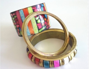 Antique Look Brass and Blue Inlaid Bangle <b>Bracelet</b> - Product Image 4