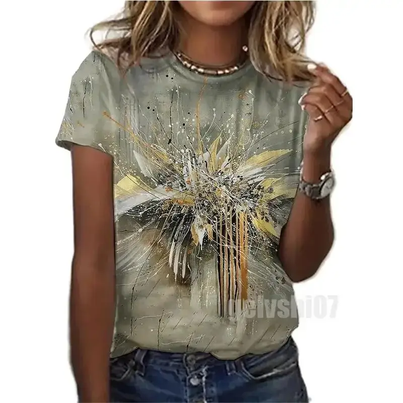 Camisetas de verano con estampado elegante para mujer, pintura al óleo abstracta, Camiseta con estampado Floral 3D, ropa de calle, Tops Unisex, moda Vintage
