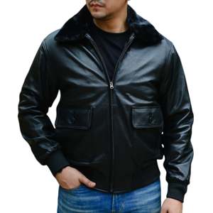 Chaqueta transpirable impermeable de cuero genuino 100% para hombre con cómodo cuello alto con cremallera logotipo frontal-ropa de invierno informal - Product Image 1