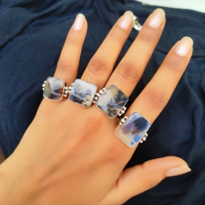 Bagues tendance pour femmes en argent plaqué unique avec agate dendritique scénique, bijoux fantaisie en laiton imperméable avec pierres précieuses, lot en gros pour les fêtes - Product Image 2