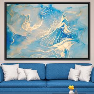 Toile imprimée motif marbre bleu et or - Décoration murale luxueuse et scintillante, 1P : encadré noir - Product Image 1