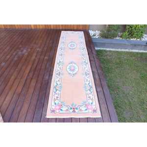 Tapis turc, tapis vintage 2,2x11,2 pieds, tapis persan en laine rose et bleu - Product Image 1